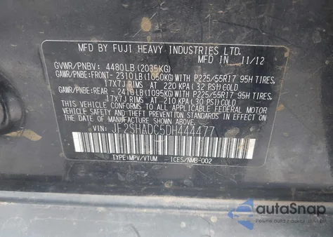 2013 Subaru Forester 2.5X Premium z USA, uszkodzony, nr VIN JF2SHADC5DH444477